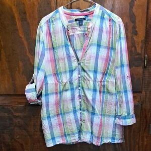 Tommy Hilfiger Pink, Blue, Green Plaid Button Down Shirt with V neck Size L